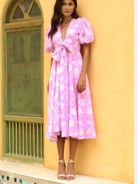Monsoon & Beyond Pink Rohida Hand-Printed Midi Dress